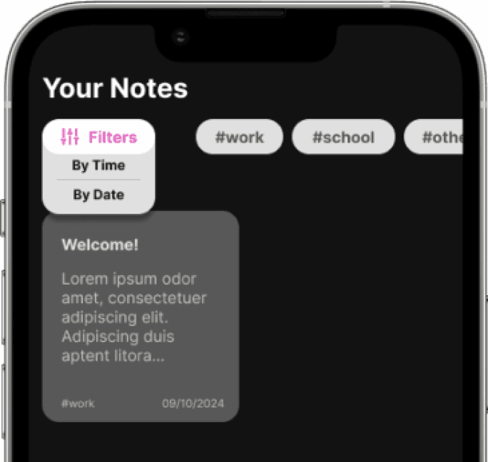 Screenshot of the Notepad app's filter dropdown menu. Located on top right, the drop down menu allows users to filter notes by time or date, with options titled 'By Time' or 'By Date'