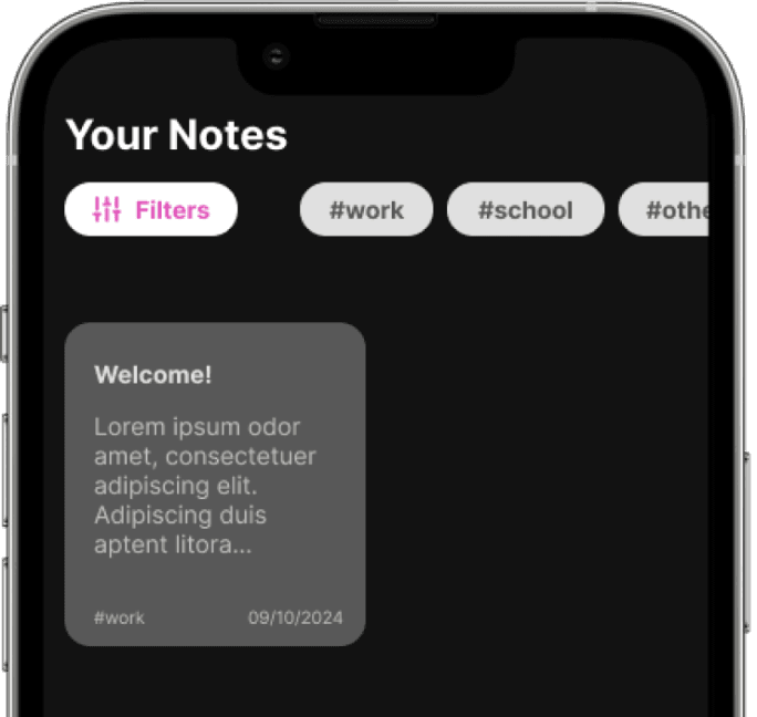 Screenshot of the Notepad app's customisable tags drop down men. Located on the top left, the drop down menu allows users organize and categorize notes by user-created hash tags